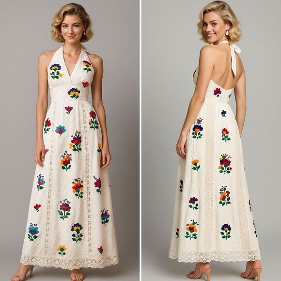 Vintage 70s Mexican Embroidered Halter Maxi Dress Sz S Crochet Lace Boho Cottage - Picture 1 of 13